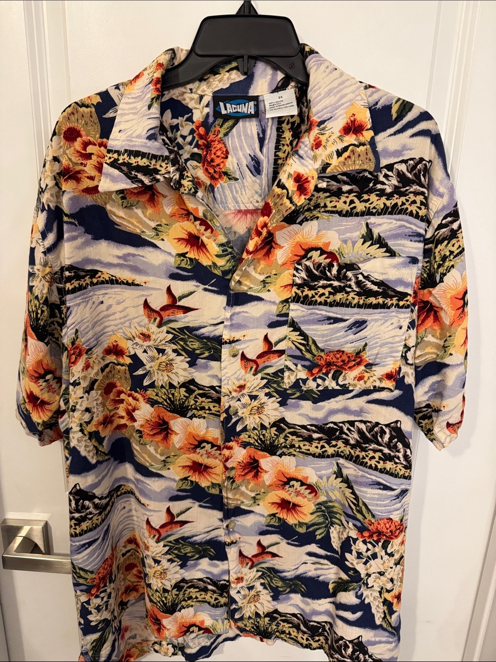 Laguna B Navy and Orange Tropical Print Camp Shirt